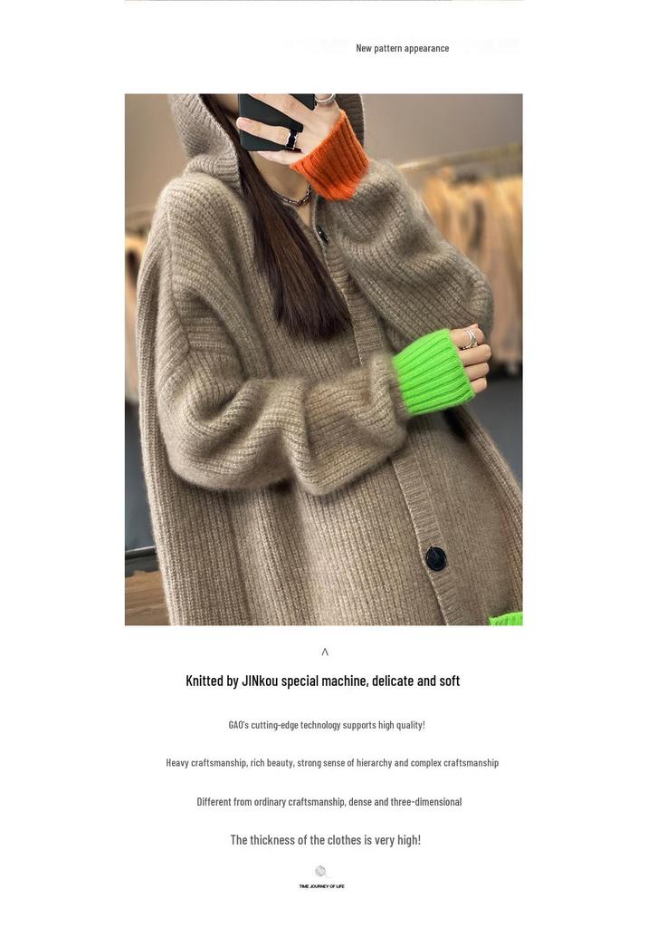 Women's Color Block Wool Trench Coat - Thick Hooded Loose Fit Cardigan