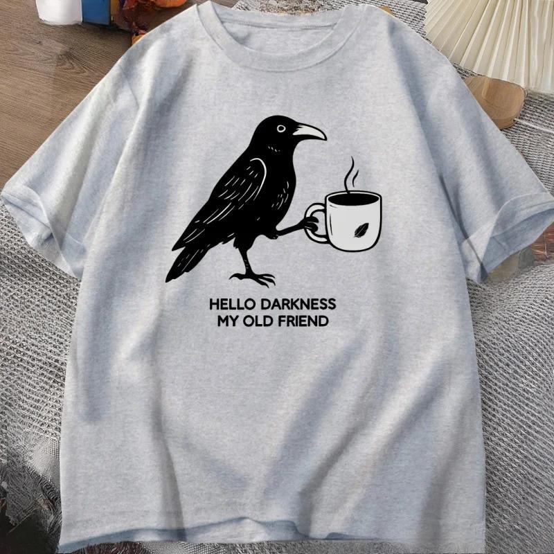 Vintage Crow Coffee T Shirt Halloween TShirt Fall Tee Women Unisex Tops Creative Crew Neck Tees Short Sleeve Loose TShirt Tops