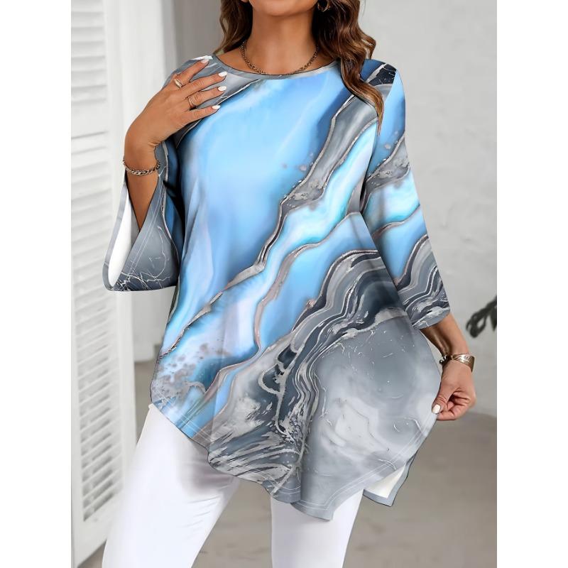 Top Mărime Mare cu Imprimeu Marmură, Gât Rotund, Tiv Neregulat, Croială Largă Subțietoare, Top Casual și Elegant cu Mâneci Lungi pentru Primăvară și Vară