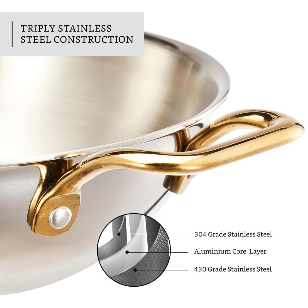 Stainless Steel Triply Kadai 24 Cm with Ss Lid and Pvd Coated Handles (Gold and Rose Gold Colour)
