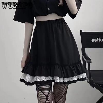 Minifaldas góticas con volantes de encaje para mujer, faldas plisadas blancas y negras estilo Harajuku de estilo grunge, ropa de calle japonesa de estilo Lolita