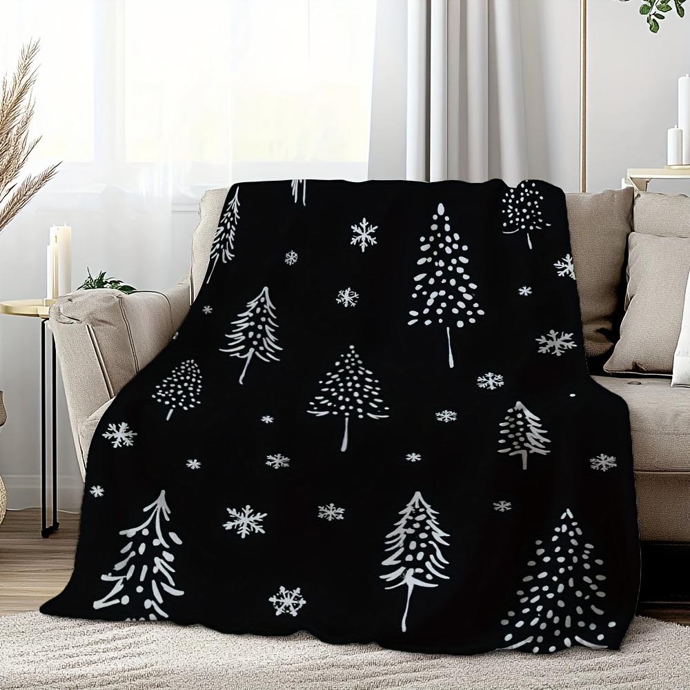 1pc Cozy Christmas Snowflakes Printed Throw Blanket - Soft Flannel Retro Black & White Snowflake & Pine Tree Design - All-Season