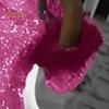 Lady Evening Dress Sequin Fluffy Faux Fur Decor Slim Fit Sheath Mini Dress Long Sleeves Mesh Prom Party Dress