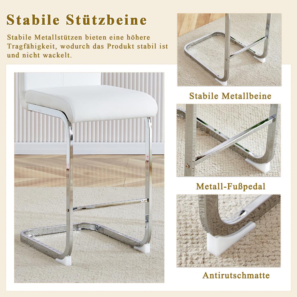 Set of 2 Bar Stools in Nordic Style. High-quality white faux leather with silver metal legs. Suitable for restaurants, kitchens. Height: 96.5 cm.