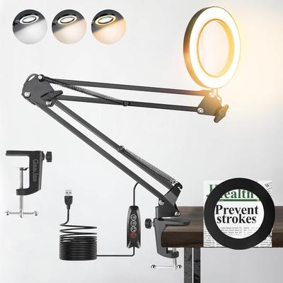 QaaJaa Magnifying Glass Stand with LED Magnifying Glass Tabletop Equipped with 10x Magnification Optical Glass Adjustable Stepless 3 Color USB Gentle