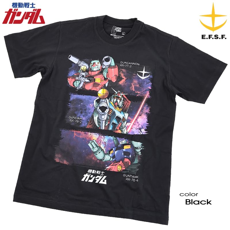 [EVERSOUL] Mobile Suit Gundam T-Shirt Short Sleeve RX-78-4 Amuro Char Zaku Guncannon Guntank Anime Character Goods Z'Gok Zeong Men's Black L Size [Par
