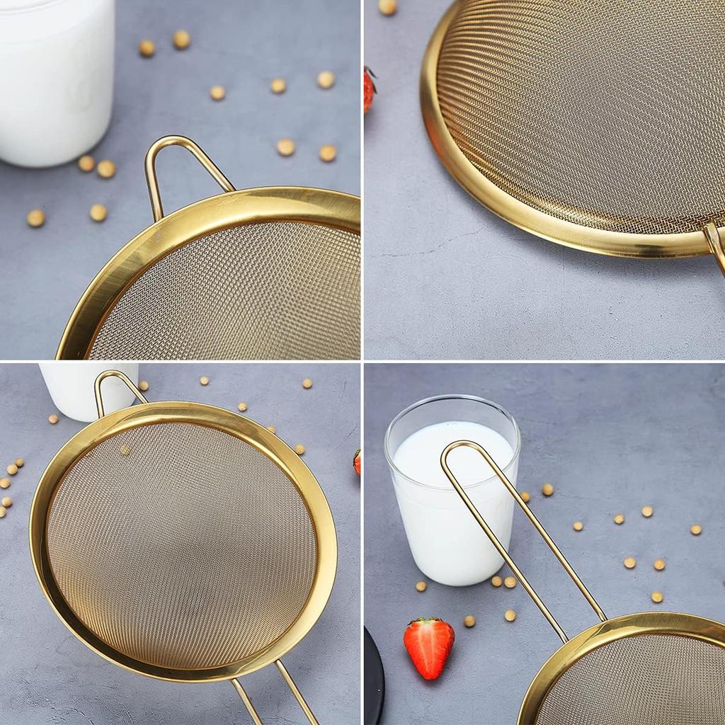 Gold Fine Mesh Strainer 3 Pieces Set, Golden Flour Sifter For Baking, Stainless Steel Clander, Gold Matcha Tea Strainer, Gravy Separator, Stasher