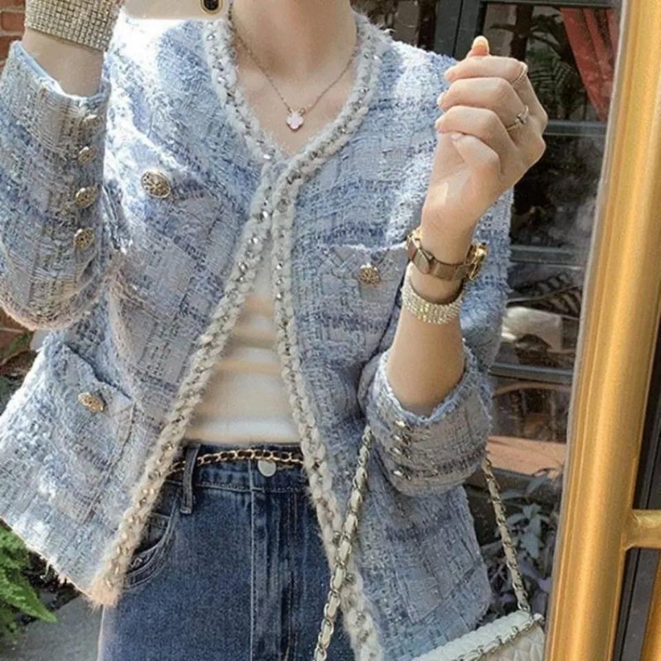

Winter Autumn Office Lady Cardigan Tops Coat Blazer Women ElegantWoven Tweed Gentle Elegant Short Qulited Plaid Jacket XS синий