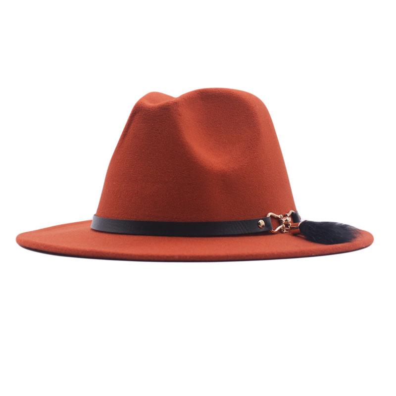 Autumn and winter woolen top hat British style classic flat edge jazz hat fashionable versatile women's hat metal buckle feather hat