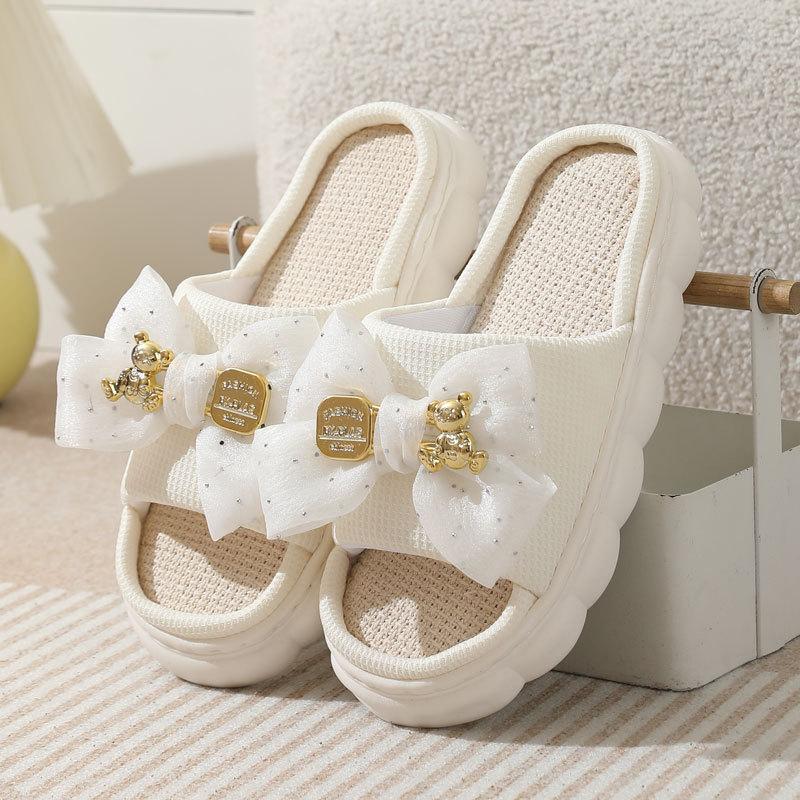 

2025 Летние Льняные Женские Тапочки Домашние Тапочки Удобная Толстая Подошва Платформа Женская Мода Бантик Комнатные Тапочки Оптом 42-43 белый
