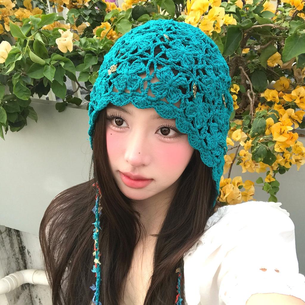 Spring And Summer New Products, Hand-Crocheted Hollow Flower Headgear, Women'S Ethnic Style Fringed Knitted Pullover Hat