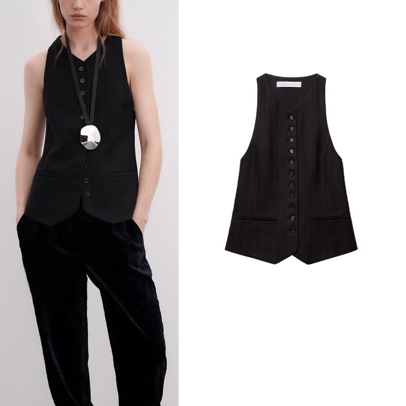 Za Autumn New Black Sleeveless Suit Vest Outer Wear Strap Decoration V Neck Decorated Row Button Long Vest 8535731