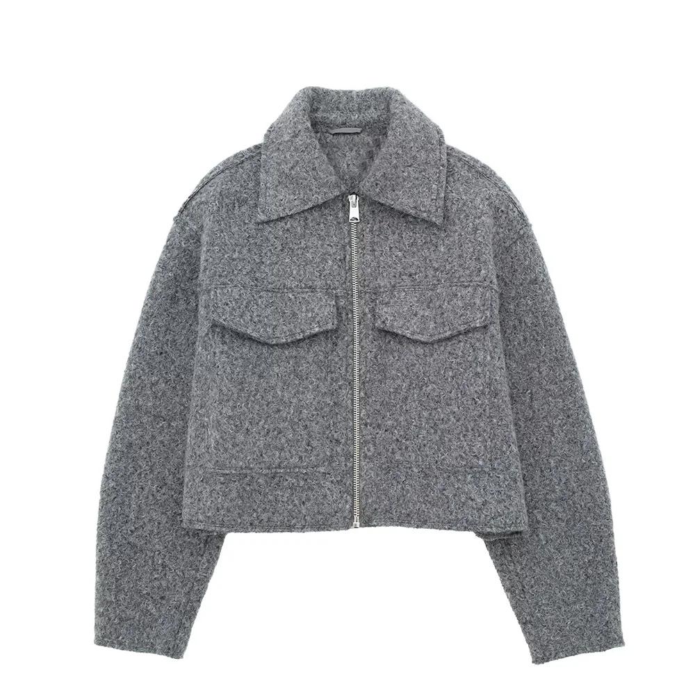 Dámská móda s kapsami Šedé bundy na zip vpředu Vintage klopový límec Dlouhé rukávy Dámské elegantní outfity