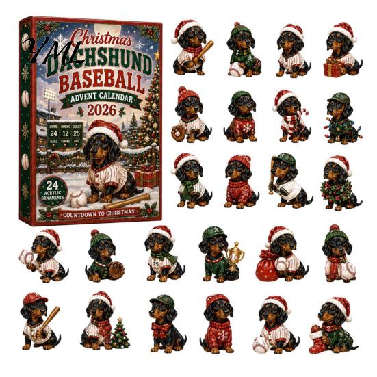 Dog Lover Holiday Advent Gifts 2026 Dachshund Calendar, 24 Days Acrylic Baseball Figures Theme Party Supplies Christmas Countdown Collectible Cartoon