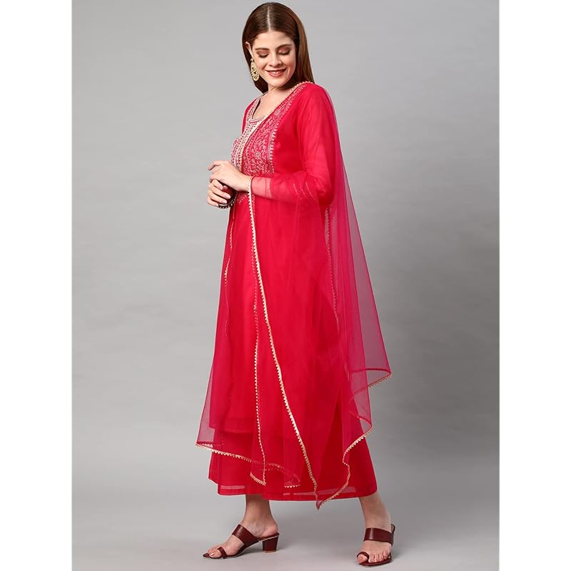 GoSriKi Women s Cotton Blend Solid Straight Kurta with Palazzos & Dupatta (DHARAN-Pink-GS_XXL_Pink_XX-Large) 2XL розовый