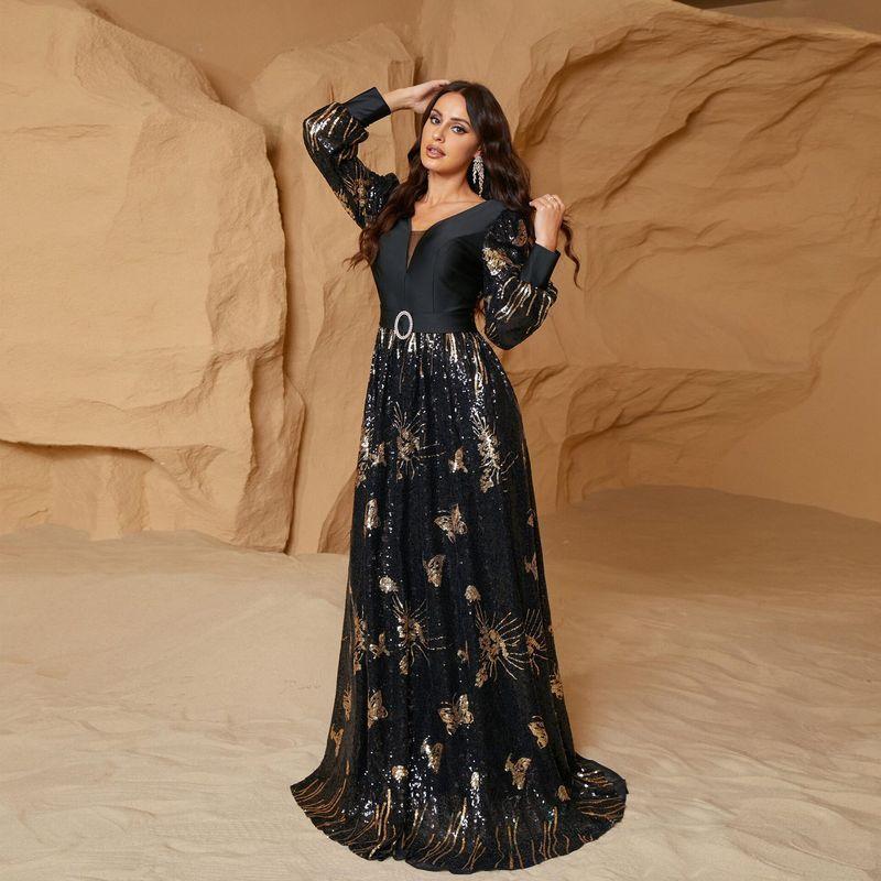 

European and American Style Long-Sleeved Elegant V-Neck Sexy Long Sequined Evening Party Dresses Black S