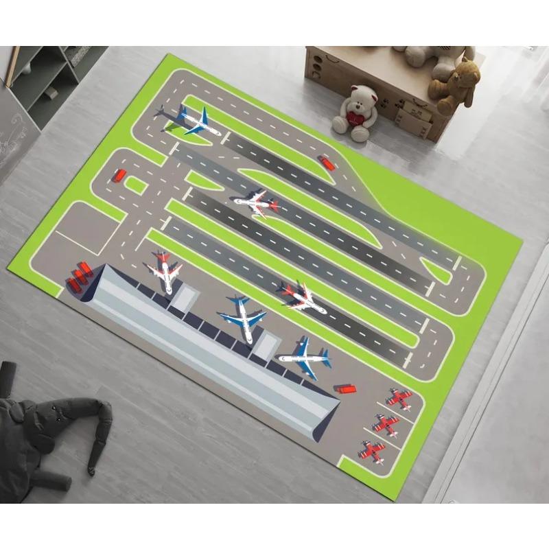 Airport Runway Carpet Airplane Scene Rug Kids Play Mat Home Decoration Non-Slip Soft Floor Mat for Children Playroom Living Room