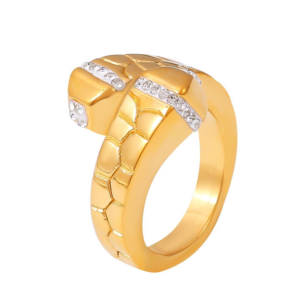 Light Luxury Creative Stone Texture Inlaid Rhinestone Ring Titanium Steel Plated 18K Real Gold Geometric Opening Ring