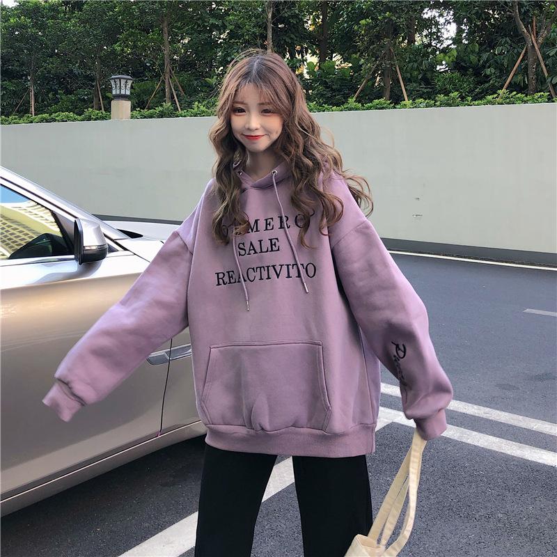 Women's Velvet Heavy Embroidery Loose Hooded Sweatshirt for Autumn and Winter Long Sleeve Base Shirt Jacket Top