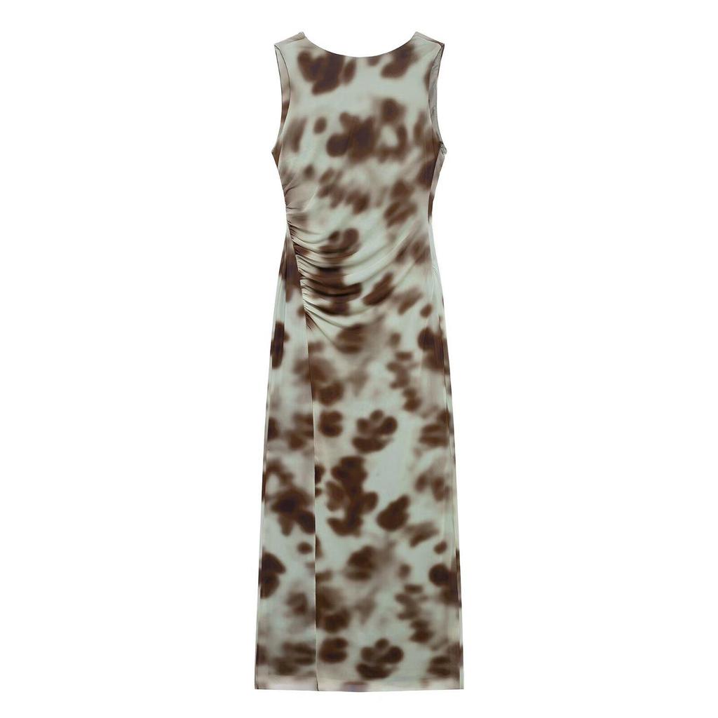 2025 Spring Women's European & American Pleated Print Sleeveless Midi Dress