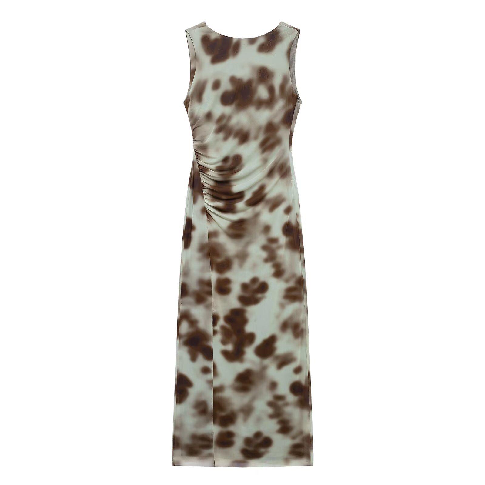 

Весна 2025 Женское европейское и американское плиссированное миди-платье без рукавов с принтом XS