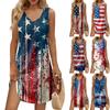 Women's Summer Casual Sun Skirt With Pocket V-Neck Independence Day Printed Loose Vest Dress