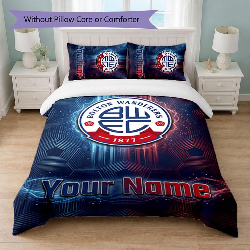 Bolton Wanderers FC Custom Name Text Bedding Set 1 Duvet Cover+2 Pillowcases Soccer Logo Personalized Gift For Special Occasion Bedroom Decor