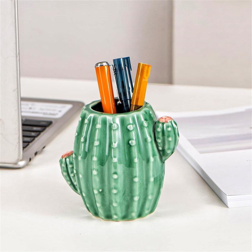 1 Stück Kaktus Keramik Stifthalter Ständer Becher Bleistifthalter Organizer Make-up Pinselhalter für Zuhause Büro Schreibtisch Grün Weiß Kaktus