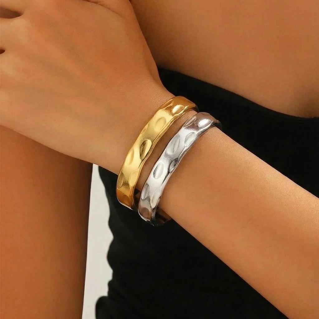 European & American Boyfriend Style Irregular Hammered Stainless Steel Women's Open Bangle Bracelet