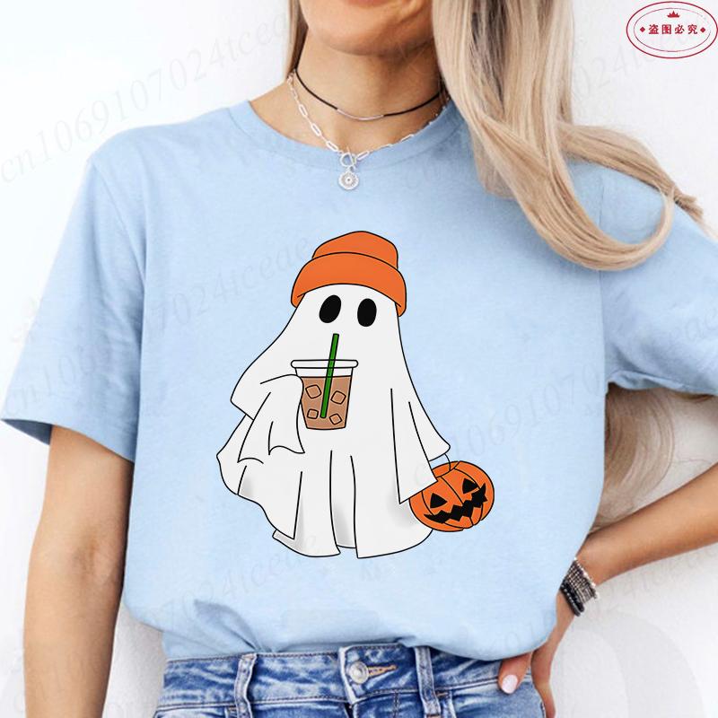 Halloween Boo with Pumpkin Print Womens TShirts Crew Neck TShirt Short Sleeve Casual Top for Spooky Season Womens Clothing