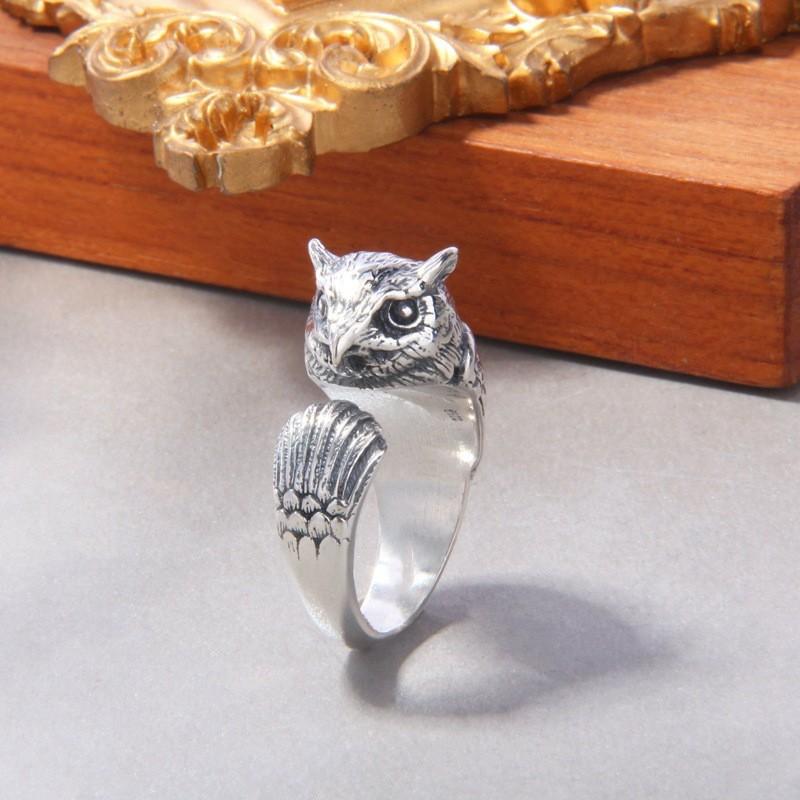 Adjustable Owl Ring Men Women Sterling Vintage Animal Statement Open Band