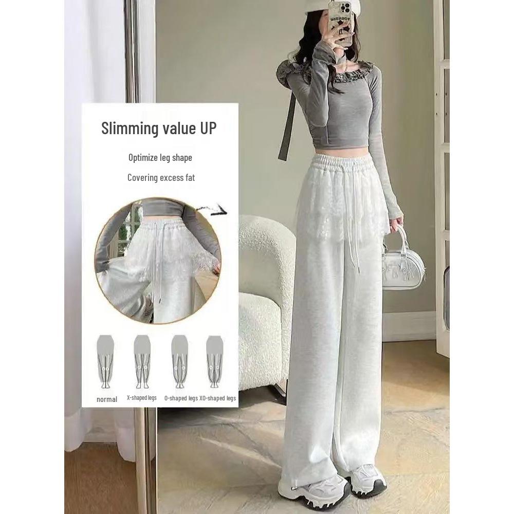 Women's High-Waisted Lace Patchwork Wide-Leg Sweatpants for Spring/Summer