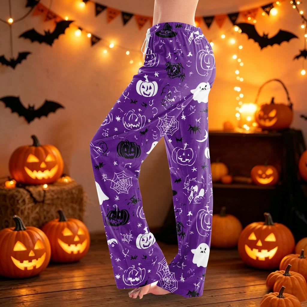 Women Drawstring Waist Halloween Printed Long Pajama Pants Casual Relaxed Fit Sleepwear with Elastic for Home Lounge