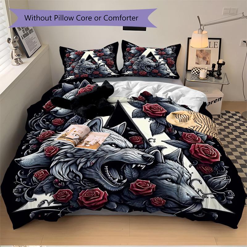 3pcs Wolf Pack Rose Crest Print Cover Set Ultra Soft, Breathable