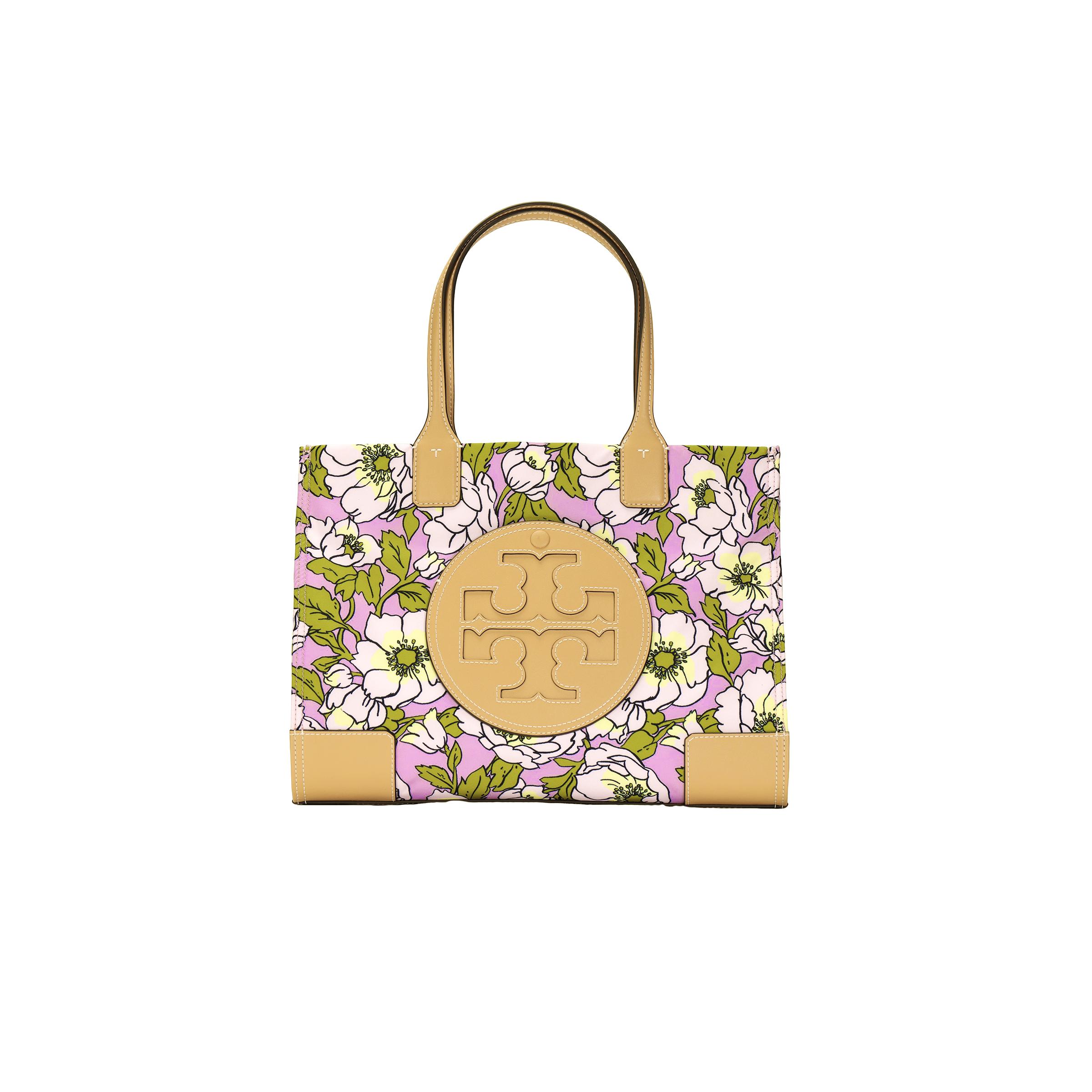 

Tory Burch Ella Embossed Logo Floral Print Button Fabric And Faux Leather Tote Bag Women tote Pink Purple 151612-650 Basic Set (Bag+Dust Bag)