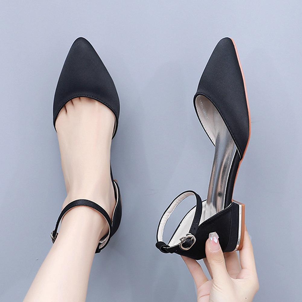2 Cm Flat Heel Casual Pointed Toe Hollow Sandals Low Heel Light Mouth White Satin One-button Buckle Bride Wedding Shoes for Women