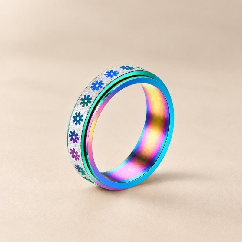 Floral Spinner Ring with Repeating Sunflower Pattern and Rotating Outer Band for Everyday Jewelry Styling and Stacking