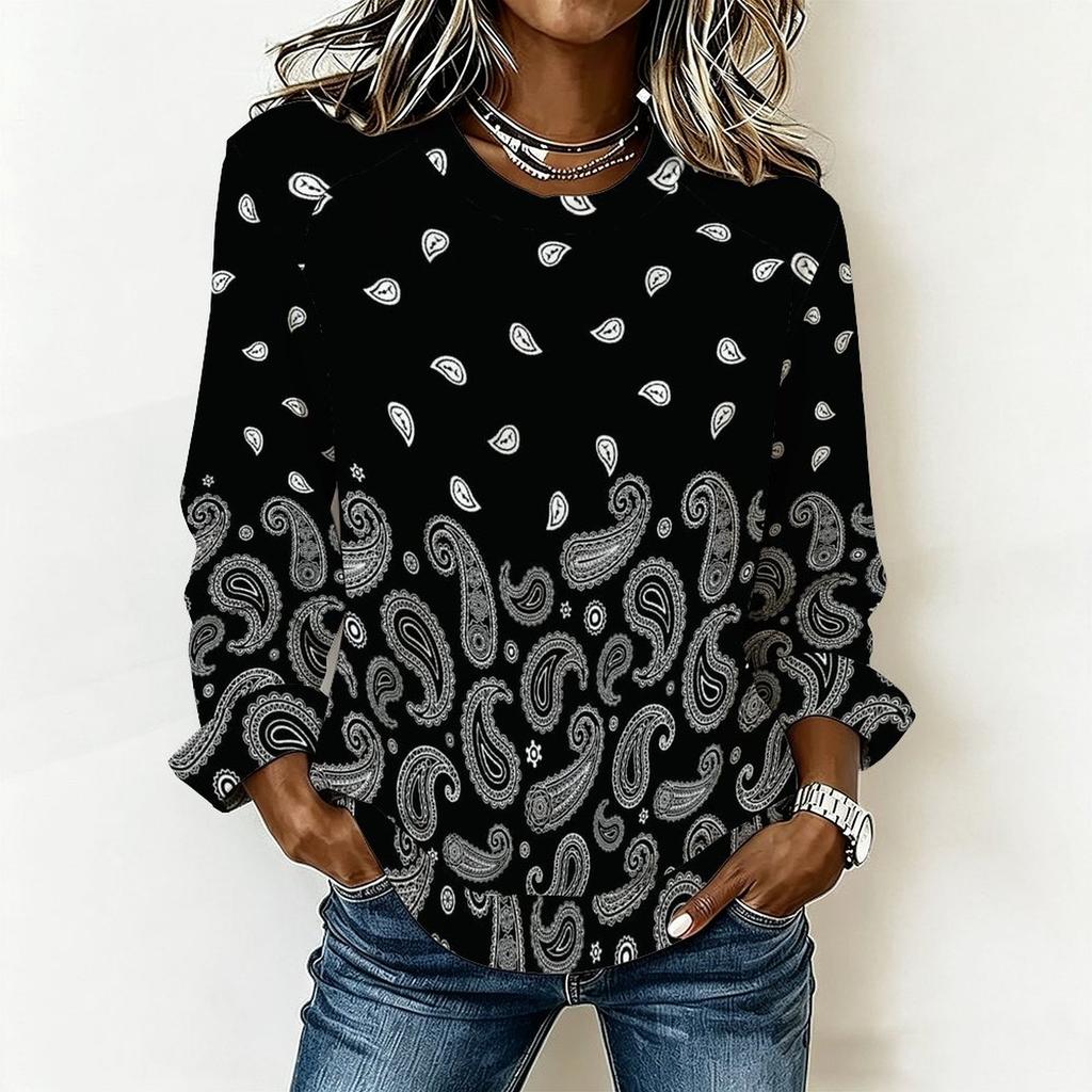 Women Oversized Long Sleeve T Shirt Abstract Wave Printed Casual Loose Daily Wear Blouse