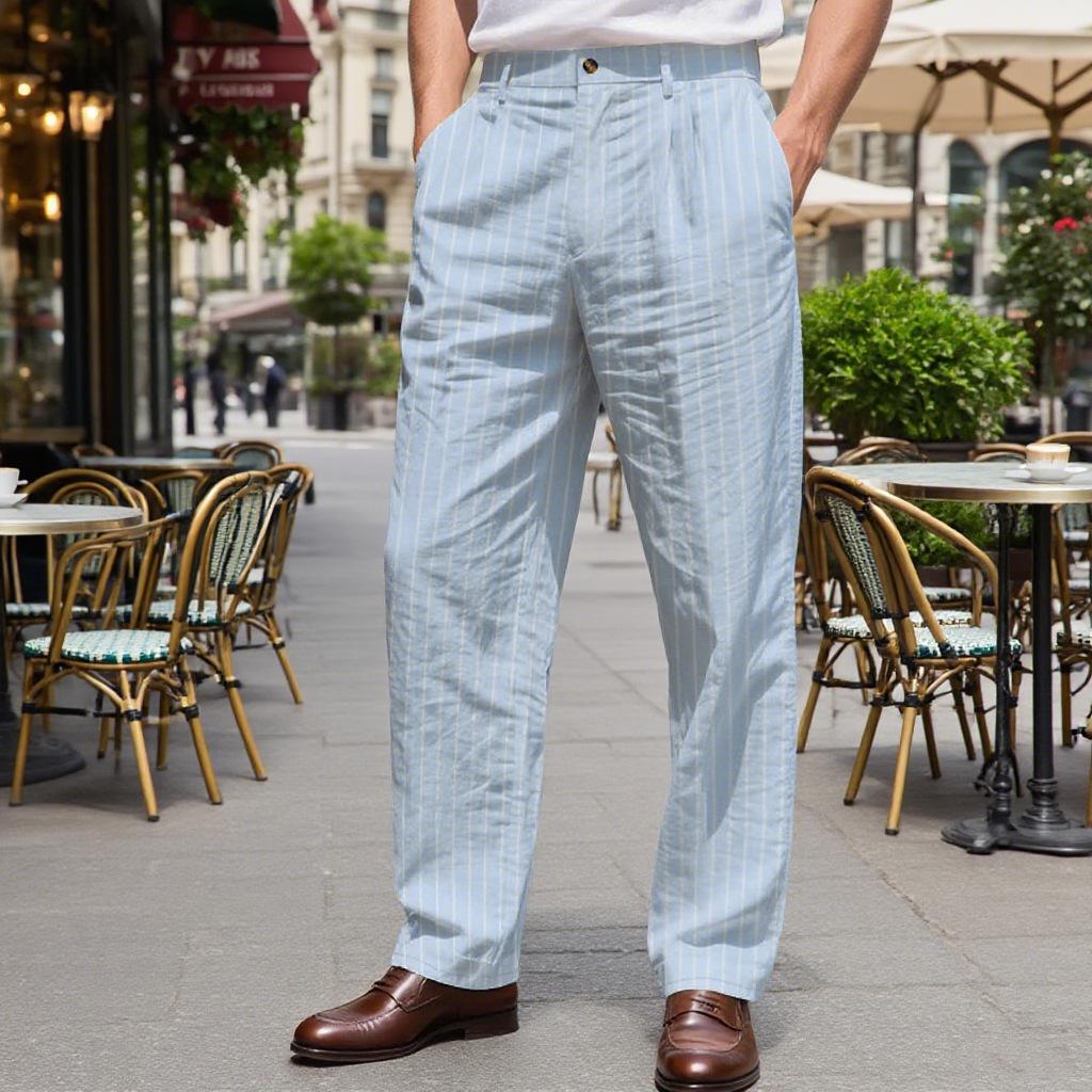 Men's Striped Linen Trousers - Casual Loose Fit for Spring/Autumn