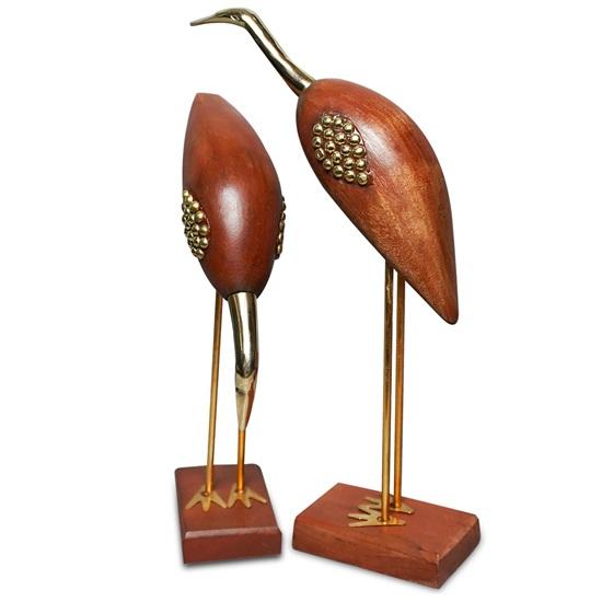 Wood and Brass Saras, Wood Antique Decorative Saras Swan Crane Love Birds Showpiece Home Decor Set of 2