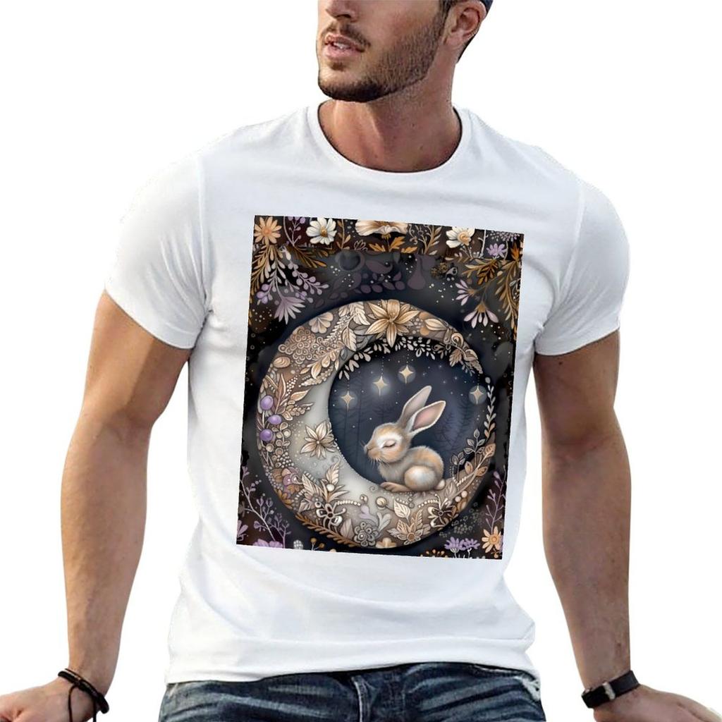 Moonlit Forest Rabbit TShirt No Iron Casual Short Sleeve Top