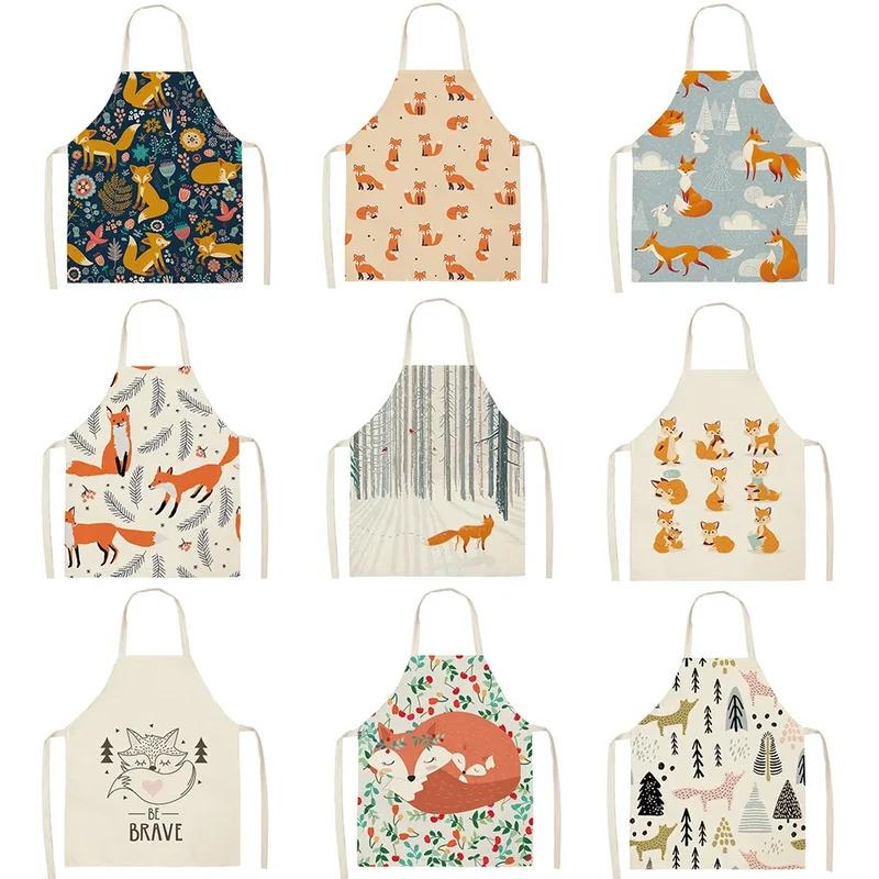 1Pcs Cute Fox Cat Pattern Apron, Waterproof Oil-proof Cotton Linen for Women Men Kids Kitchen