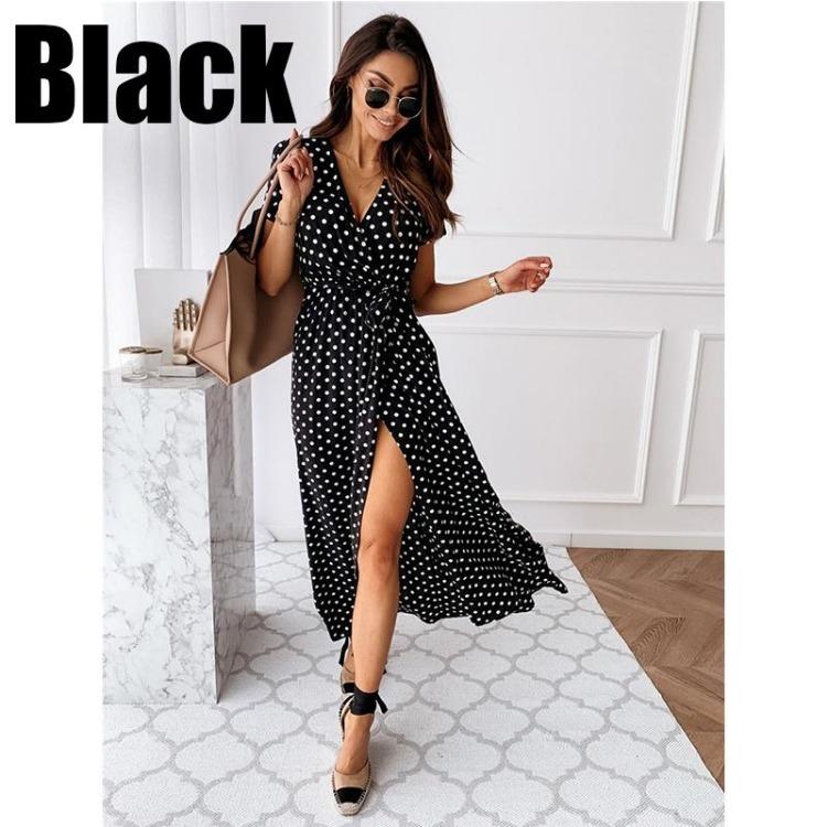 

Богемное летнее платье Сексуальное с V-образным вырезом и короткими рукавами Принт в горошек Повседневная длинная юбка Мода S чёрный