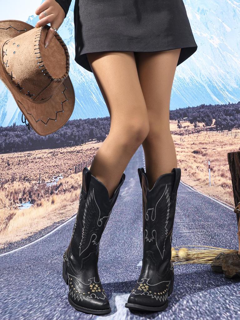 American Style Embroidered Western Square Toe Chunky Heel Cowboy Boots, US Size 34-46, Mid-Calf Pull-On