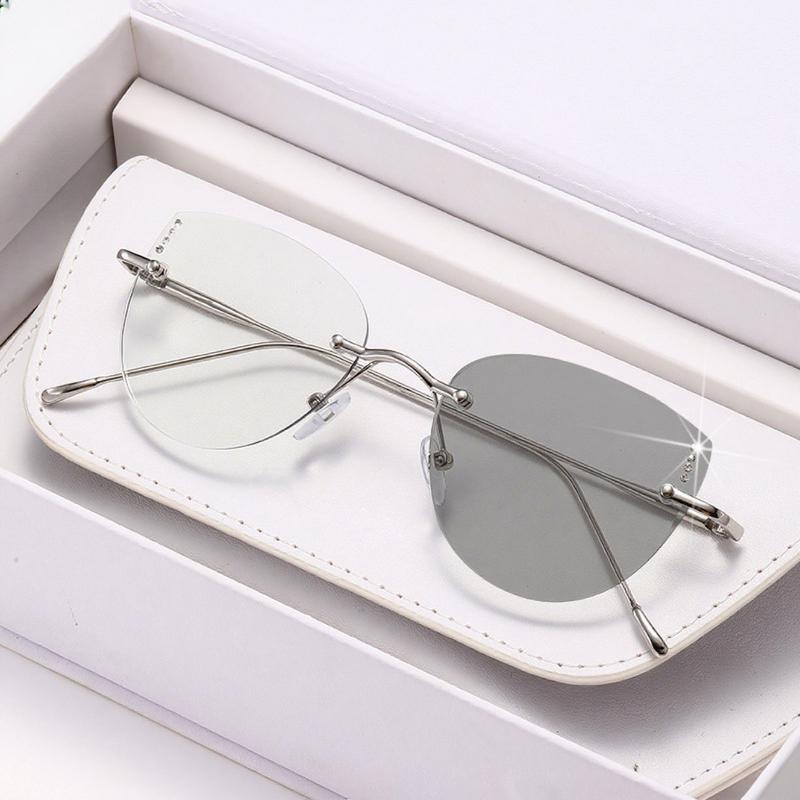 High Quality Frameless Photochromic Myopia Glasses All Titanium Ultra Light Cat Eye Anti Blue Light Glasses Diopter To -4.0