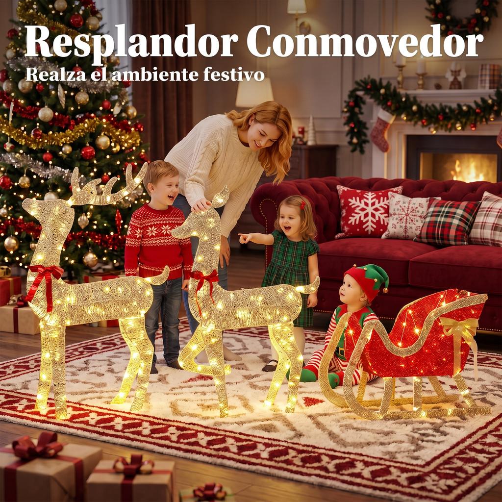Christmas Reindeer Outdoor with 3-Piece 3D Sleigh with 200 Warm White LED Lights 8 Modes and Timer