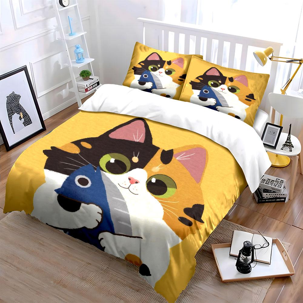 Cute Cat Illustration Decor Set Soft Comfortable Duvet Cover Bedding Set Included 1*Duvet Cover & 2*Pillowcases, Gift