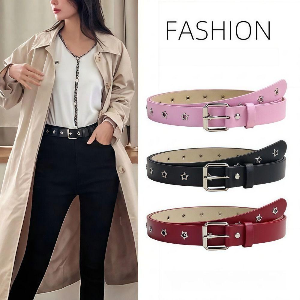Punk Women's Belt Star Hollow Eyelet Waist Strap Trendy Metal Buckle Waistband Jeans Decor