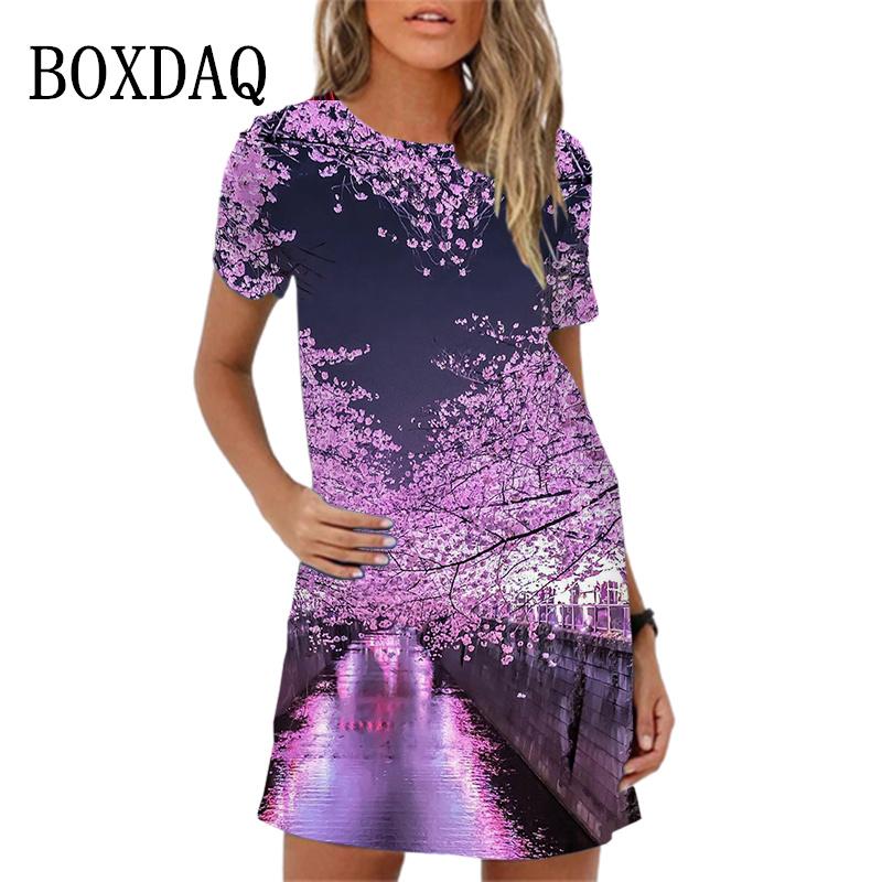 Vintage Abstract Landscape Fish Pattern Print Dress For Women Short Sleeve Clothing New 2024 Summer Dress Casual Mini Dress