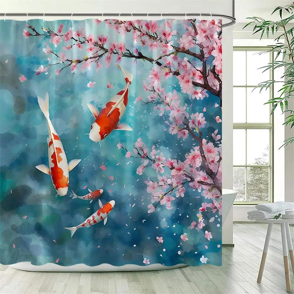 Pink Floral Carp Shower Curtains Watercolour Cherry Blossom Flowers Koi Fish Polyester Fabric Bathroom Curtain Decor with Hooks